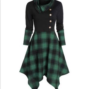 Green and Black Plaid Handkerchief Dress
